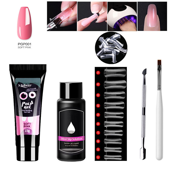 Poly Nail Gel Kit With LED Lamp Slip Solution and Glitter 